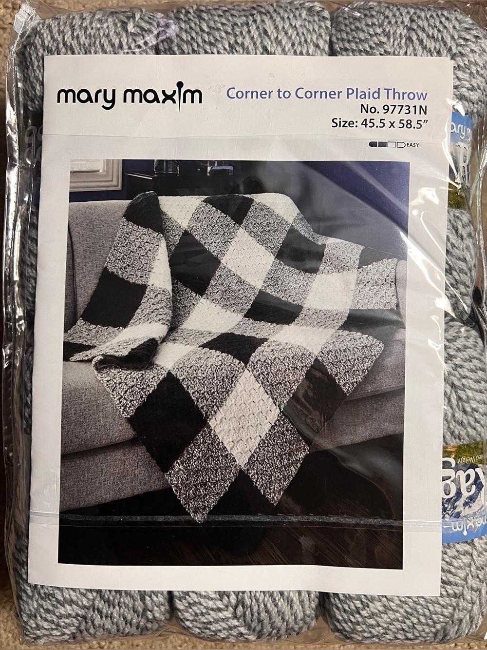 Mary Maxim Crochet Kit Corner to Corner Plaid Throw 97731N Size: 45.5 x 58.5"